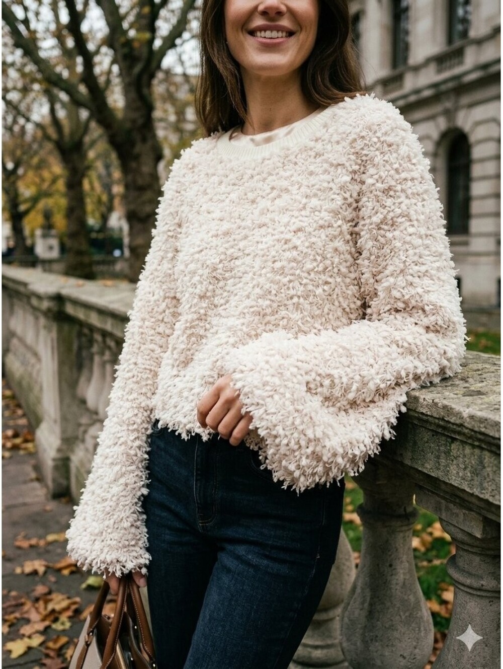 FATE Shaggy Faux Fur Sweater Womens S/M Cream Satin Lined Eyelash Pullover
